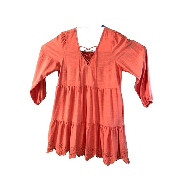 Old Navy Coral Eyelet Lace-Up Tiered Swing Dress L Boho Cottagecore Chic Whimsy - Picture 2 of 10